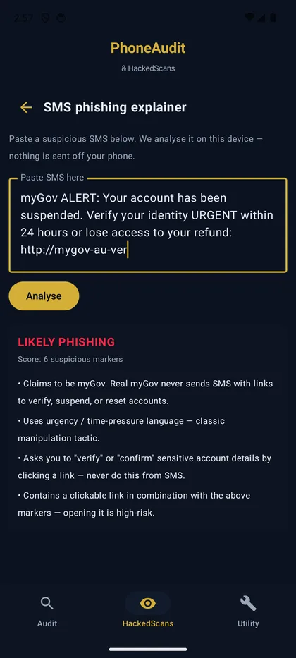 Screenshot of PhoneAudit and HackedScans