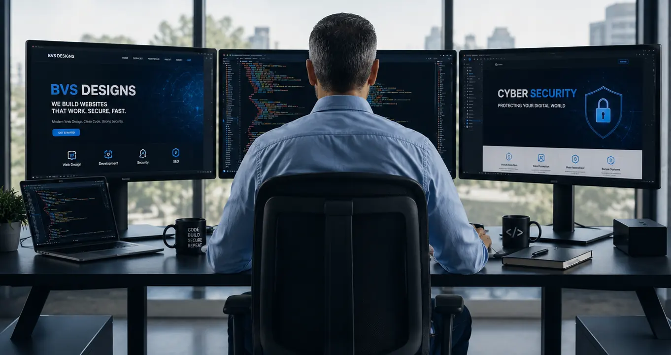 Illustration of a developer working across web design and cyber security screens
