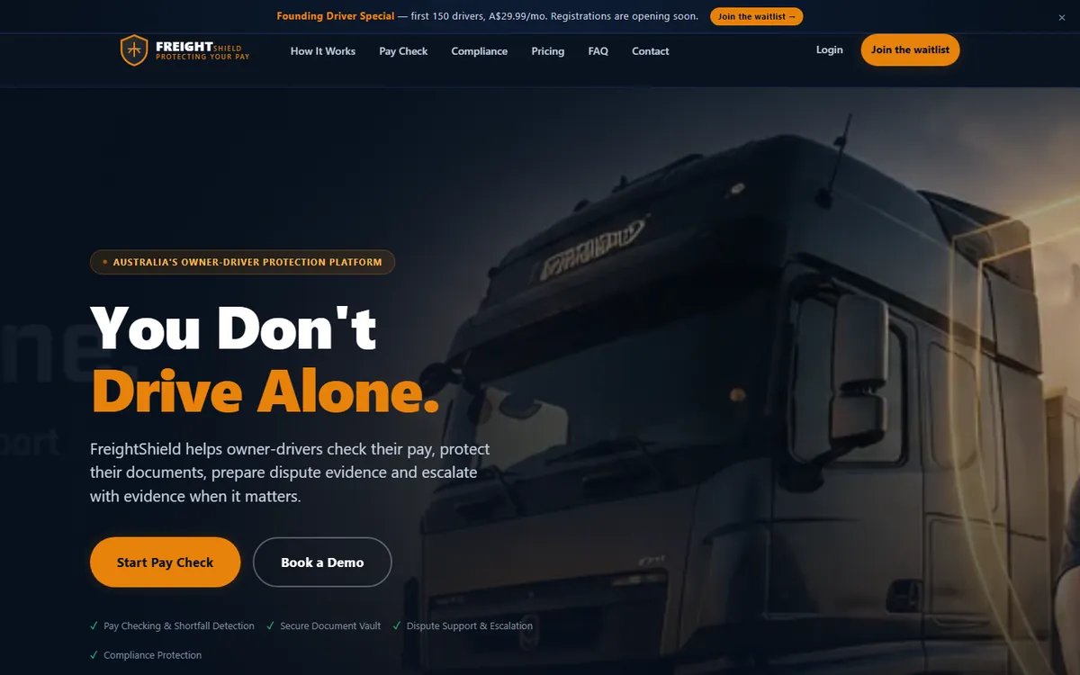 FreightShield owner-driver pay protection website built by BVSDesigns